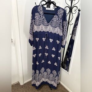 Women's Navy Blue Printed V-Neck Maxi Dress